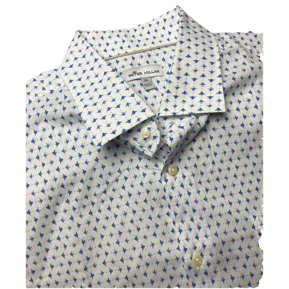 Peter Millar Classic Fit Performance Button Down Shirt XL Airplane Fish Print